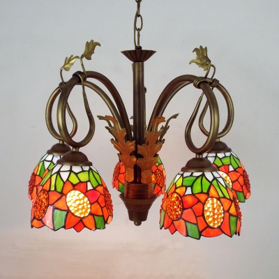Restaurant Sunflower Chandelier with Leaf Stained Glass 5 Lights Rustic Pendant Lighting