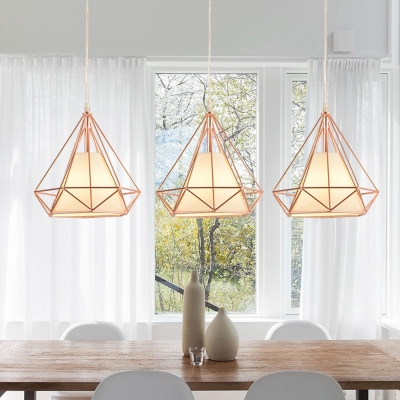 Rose Gold Diamond Cage Pendant Light 3 Lights Industrial Metal Hanging Lamp for Bedroom