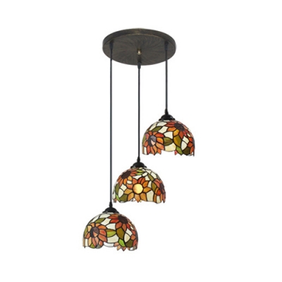 Rustic Style Bell/Dome Pendant Light with Sunflower 3 Lights Stained Glass Hanging Light for Restaurant