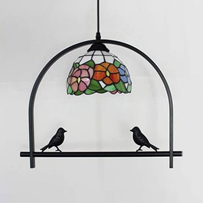 Rustic Style Black Pendant Light Dome Shade 1 Light Glass Hanging Light with Bird Decoration for Balcony