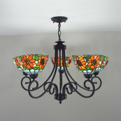 Rustic Style Dome Chandelier with Flower 5 Lights Stained Glass Pendant Lamp for Restaurant