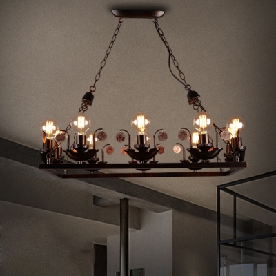 Rustic Style Open Bulb Chandelier 10 Lights Metal Ceiling Light in Rust for Bar Restaurant