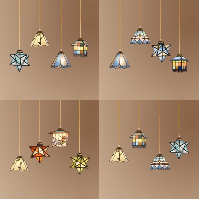 Shop Multi-Color Pendant Light Stained Glass 4 Lights Tiffany Vintage Hanging Light with Brass Linear Canopy