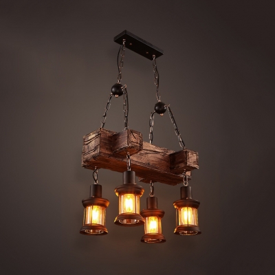 Shop Restaurant Kerosene Hanging Light Wood 4 Lights Antique Style Brown Chandelier