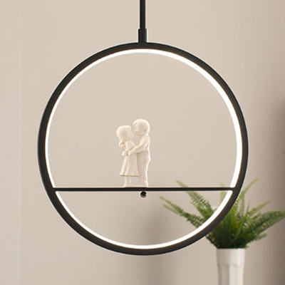 Simple Style Ring Pendant Lamp with Cartoon Pattern Metal Hanging Light in Black for Study Room