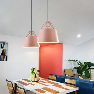 Single Light Bucket Hanging Light with Wire Frame Nordic Metal Pendant Light with Macaron Color for Cloth Shop