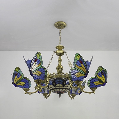 Stained Glass Butterfly Pendant Lamp 7 Lights Tiffany Style Chandelier for Restaurant Hotel