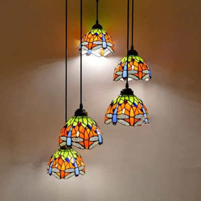 Stained Glass Domed Pendant Light with Dragonfly/Sunflower Villa 5 Lights Rustic Stylish Ceiling Light