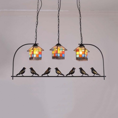 Stained Glass House Shade Chandelier with Bird Decoration 3 Lights Tiffany Style Hanging Light for Hotel