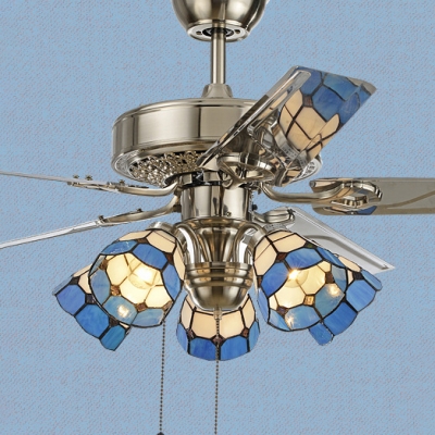 Stainless Steel Ceiling Fan Restaurant 5 Lights Antique Stylish Semi Flush Ceiling Light in Blue/Yellow
