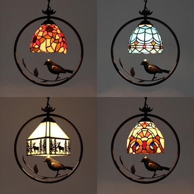 Tiffany Rustic Dome/Lodge Pendant Light Stained Glass 1 Head Suspension Light with Bird for Hallway