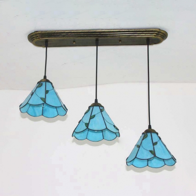 Tiffany Style Conical Pendant Lamp Blue/Beige/Clear Glass 3 Lights Hanging Light for Kitchen