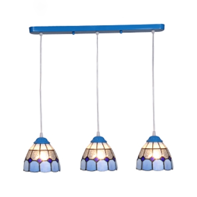 Tiffany Stylish Blue/White Island Light Cone/Dome 3 Heads Glass Island Pendant for Restaurant