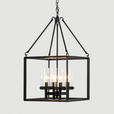 Traditional Candle Suspension Light with Rectangle Cage 3/4 Lights Metal Chandelier in Black for Bar