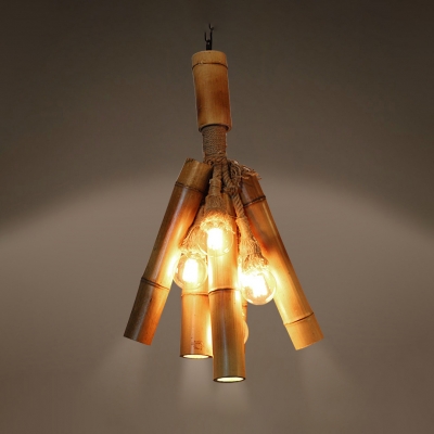 Tube & Open Bulb Chandelier Rustic Style Bamboo Pendant Light in Beige for Bar Coffee Shop