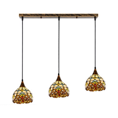 Vintage Style Bowl Island Pendant Stained Glass 3 Lights Heritage Brass Hanging Light for Restaurant