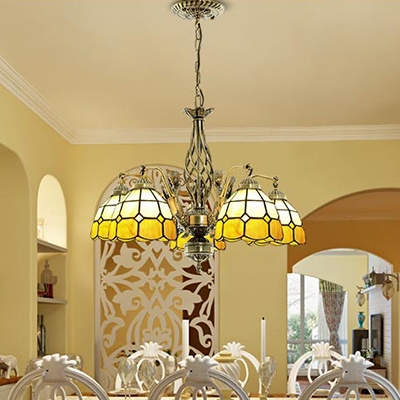 Vintage Style Dome Chandelier with Mermaid Decoration Glass 5 Lights Hanging Lamp for Cafe Villa