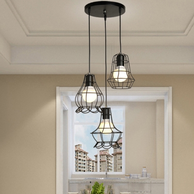 Wire Frame Hanging Lamp 3 Lights Antique Style Linear/Round Canopy Ceiling Light in Black for Bar