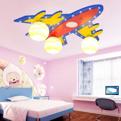 Wood Airplane LED Flush Ceiling Light Child Bedroom 3 Heads Modern Ceiling Lamp with Globe Shade