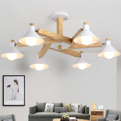 Wood Cone/Dome Ceiling Light 6 Lights Modern Semi Flush Light with Adjustable Angle for Living Room