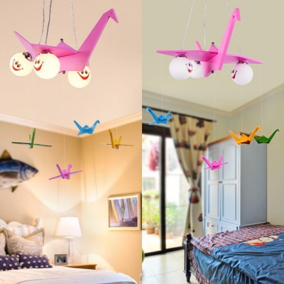 Wood Senbazuru Suspension Light with Orb Shade Girls Bedroom Lovely Chandelier in Pink