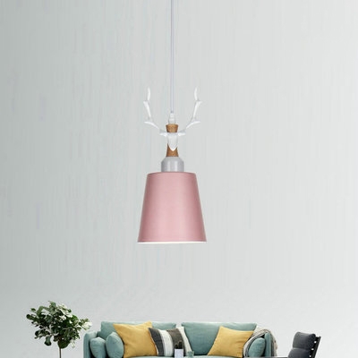1 Light Bucket Suspension Light Nordic Style Metal Ceiling Light with Antlers for Girl Bedroom