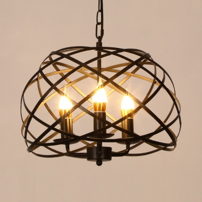 3 Lights Candle Chandelier with Cage Industrial Style Metal Ceiling Pendant in Black for Restaurant