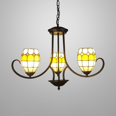 3 Lights Curved Chandelier Tiffany Style Stained Glass Suspension Light in Brown for Kitchen Foyer