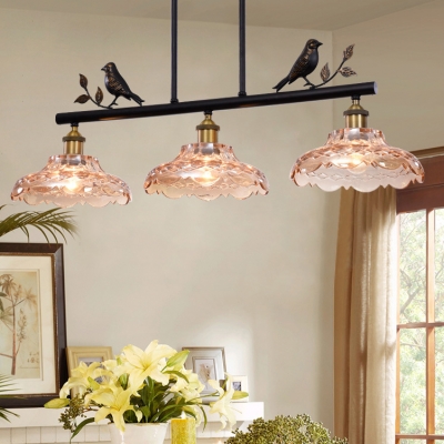 3 Lights Flower Island Light Rustic Style Clear Glass Pendant Light with Bird Decoration for Bar