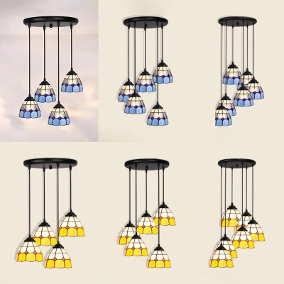 4/5/6 Lights Grid Dome Pendant Light Tiffany Stylish Glass Hanging Light in Blue/Yellow for Balcony