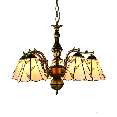 5 Lights Cone Hanging Light with Leaf Tiffany Style Glass Chandelier in Beige for Bedroom