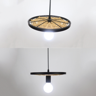 Linen Glass Open Bulb Hanging Light Cafe 1 Light Antique Style Pendant Light with Wheel in Black