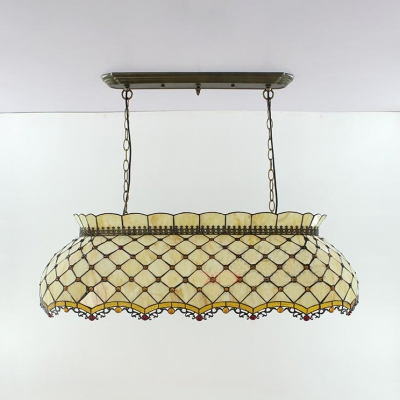 Glass Grid Shade Hanging Light with Beads Dining Room Tiffany Traditional Pendant Light in Beige