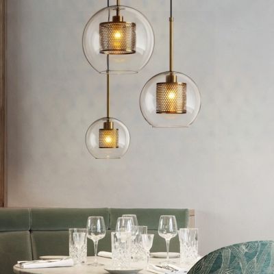 Simple Style Orb Pendant Lamp with Mesh Screen Glass Hanging Light in Brass/Chrome for Restaurant