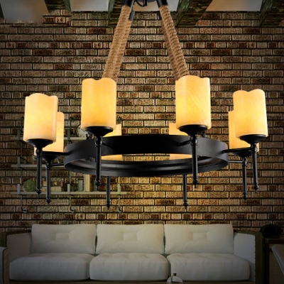 6/8 Lights Candle Hanging Light American Rustic Metal Rope Chandelier in Black for Dining Room