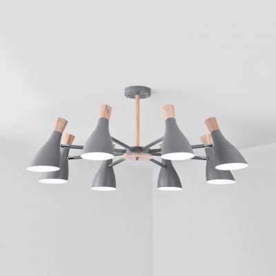 8 Lights Wine Bottle Chandelier Nordic Style Wood LED Hanging Lamp in Gray/Green/White for Living Room