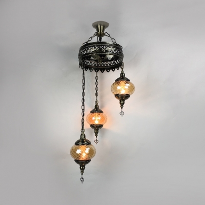 Amber Lantern Shape Chandelier 3 Lights Antique Style Swirl Glass Hanging Light for KTV Bar