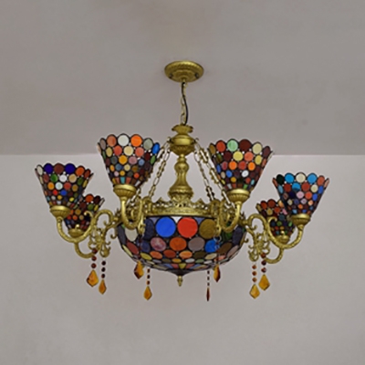 Antique Style Colorful Chandelier Dome Shade 9 Lights Glass Pendant Lamp with Crystal for Hotel