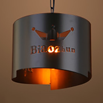 Antique Style Drum Hanging Light with Crown 1 Light Metal Pendant Lamp in Black for Cafe Bar