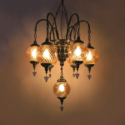 Antique Style Globe Chandelier 7 Lights Swirl Glass Hanging Light for Restaurant Dining Table