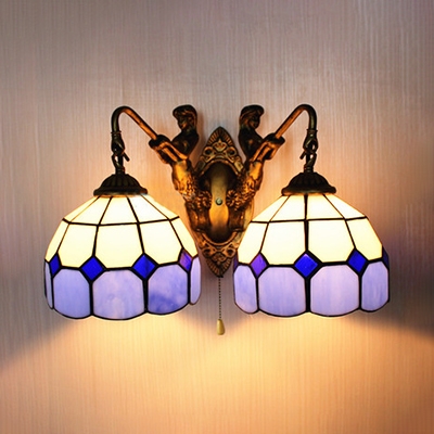 Antique Style Mermaid Wall Light with Pull Chain 2 Lights Glass Wall Sconce for Dining Room