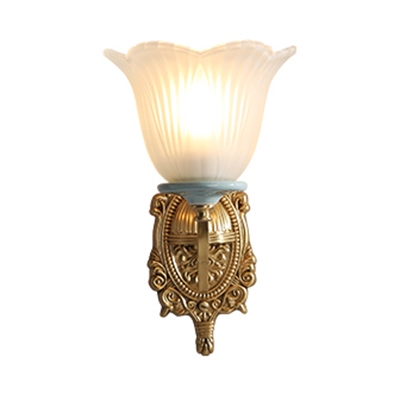 Antique Style White Sconce Light Flower Shade 1/2 Lights Frosted Glass Carved Wall Lamp for Bedroom