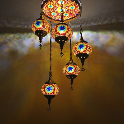 Art Deco Multi-Color Chandelier Lantern Shape 5 Heads Glass Suspension Light for Bar Cafe