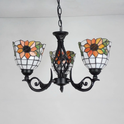 Bathroom Cafe Dome Chandelier with Flower Decoration Stained Glass Rustic Style Pendant Lighting