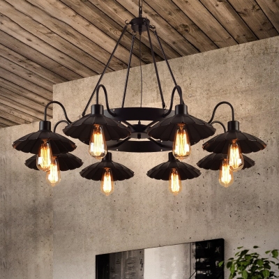 Black Scalloped Edge Pendant Lamp 8 Lights Industrial Bare Bulb Chandelier for Dining Room