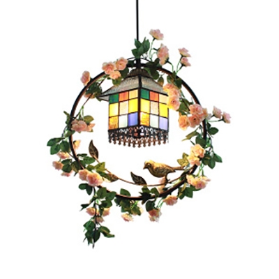 Bloom & Bird Cafe Hanging Light Glass 1 Light Rustic Style Ceiling Pendant in Blue/Yellow/Multi-Color