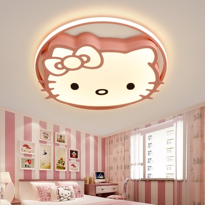 Blue/Pink/White Kitty Flush Light Cartoon Acrylic LED Ceiling Light in Warm/White/Third Gear for Girl Bedroom