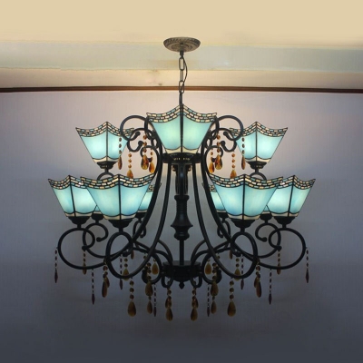 Blue/Sky Blue/Yellow Craftsman Chandelier Vintage Style Glass Hanging Lighting with Crystal