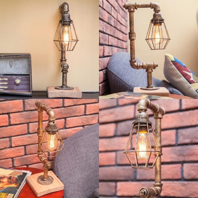 Cafe Water Pipe Desk Light with Wire Frame Metal 1 Light Industrial Bronze Study Lighting
