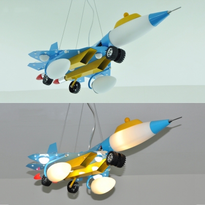 Cartoon Airplane Shape Hanging Light Metal Glass Ceiling Pendant in Light Blue for Child Bedroom